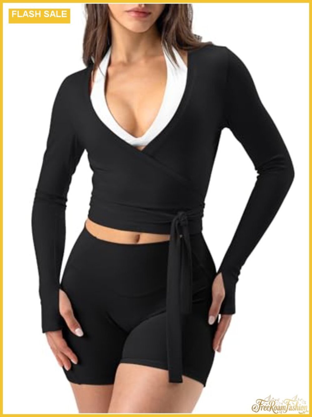 Long Sleeve Wrap Crop Top with Thumb Holes, V Neck Ballet Yoga Tee